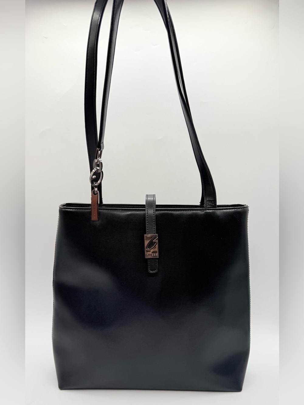 Vintage Y2K GUESS Black Faux Leather Structured Tote Shoulder Bag Silver Logo